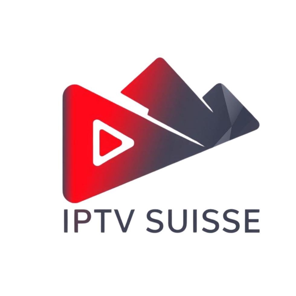 Modern logo for 'IPTV Suisse', featuring a stylized play button integrated with a digital mountain peak. Use a sleek gradient of red and dark grey. The design should convey speed, high definition, and reliability. Professional corporate branding, 4k resolution, isolated on a white background, sans-serif futuristic font.